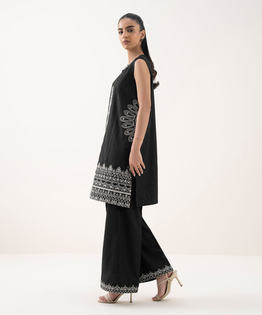 Women's RTW Cotton Jacquard Embroidered Black Straight Shirt