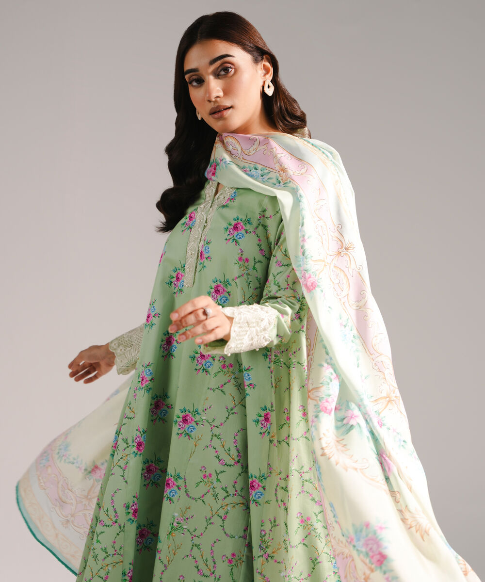 Women's RTW Cotton Satin Embroidered Mint Green 3 Piece Suit
