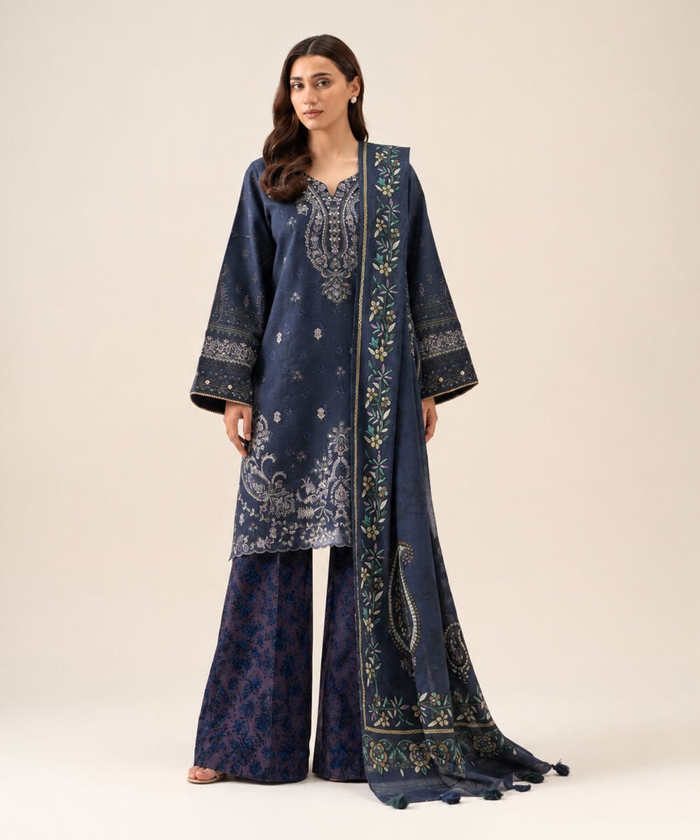 Women's Unstitched Light Khaddar Embroidered Blue 3 Piece Suit