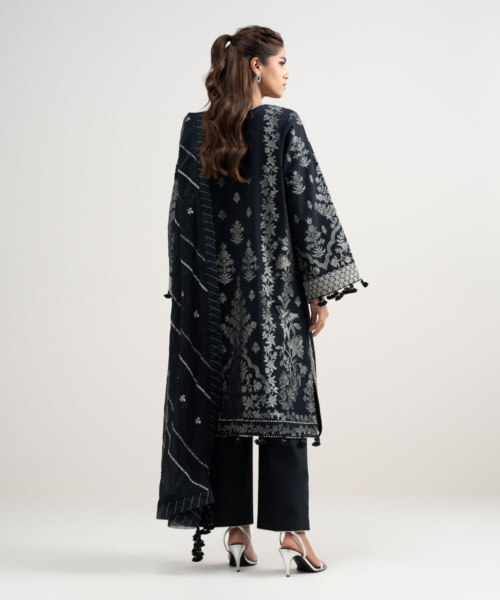 Women's Unstitched Extra Weft Jacquard Embroidered Black 3 Piece Suit