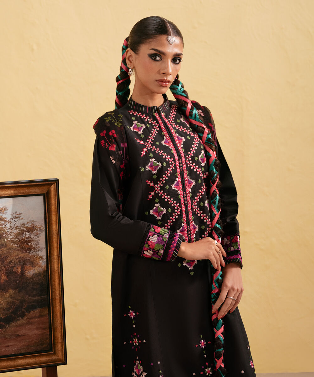 Women's Unstitched Cotton Embroidered Black Two Piece Suit