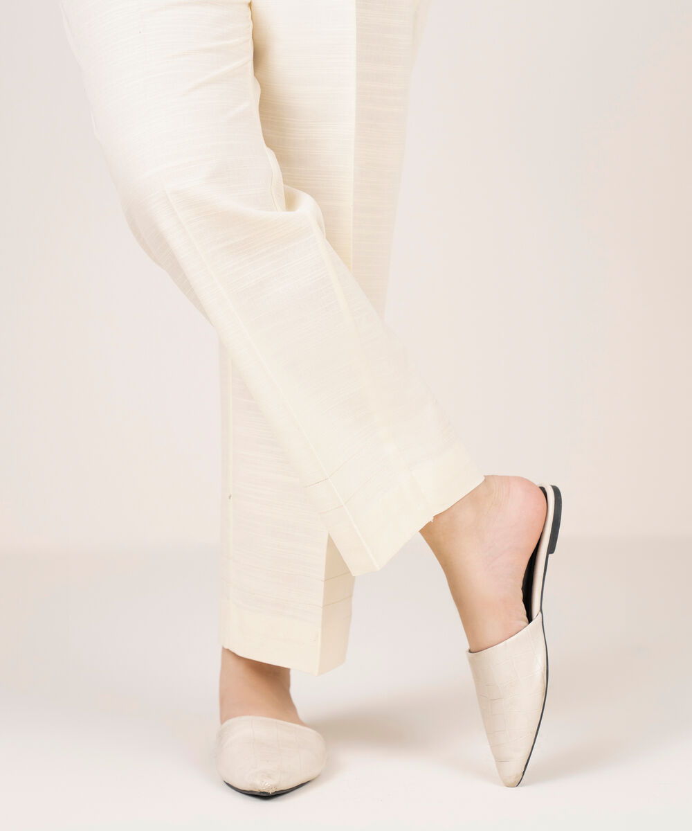Women's RTW Light Khaddar Solid Off White Straight Pants