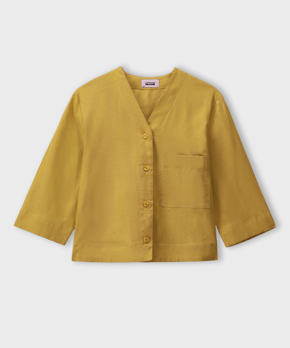 Women's Western Wear Mustard V-Neck Linen Blend Shirt