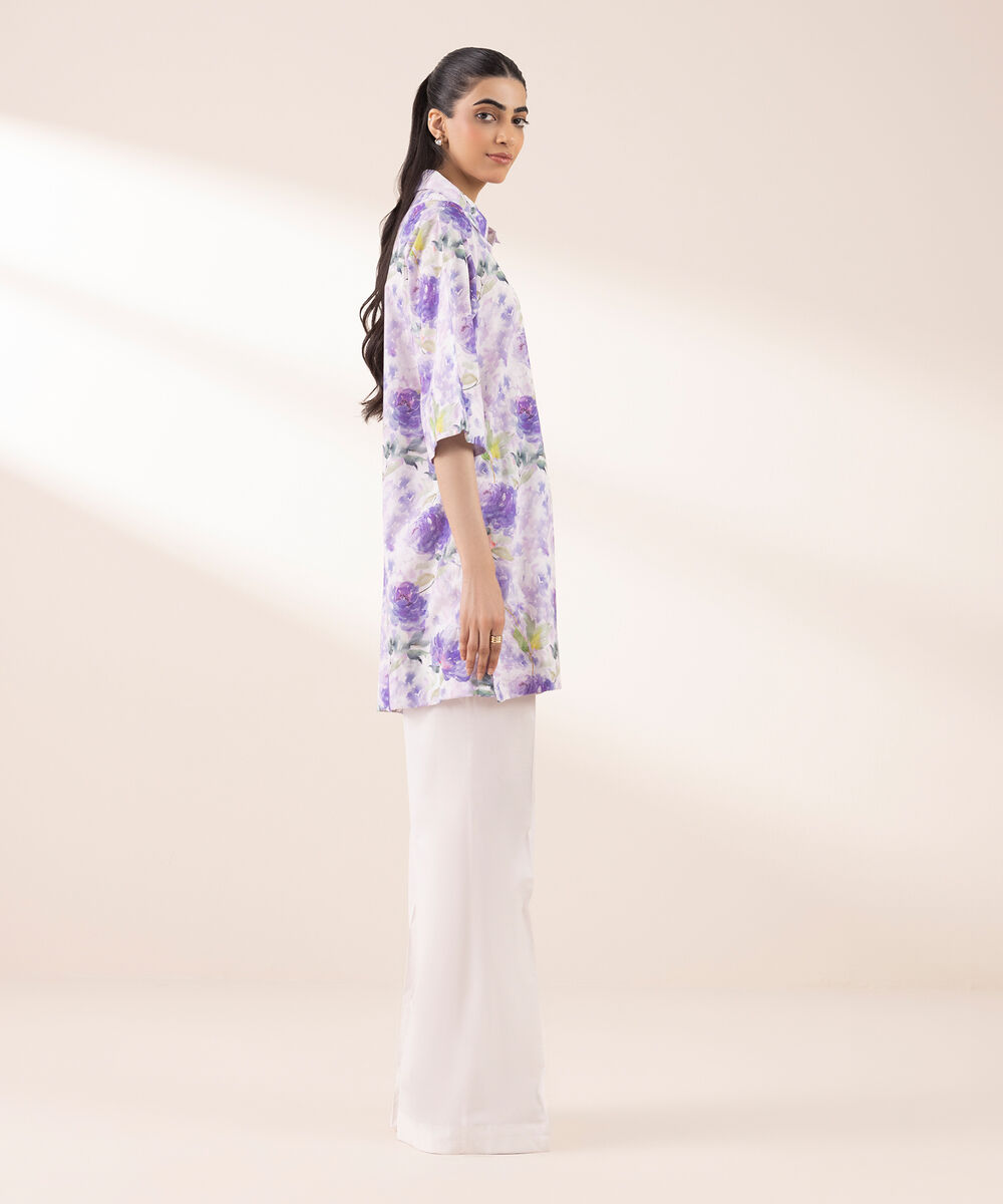 Women's RTW Lycra Purple Printed Button Down Shirt