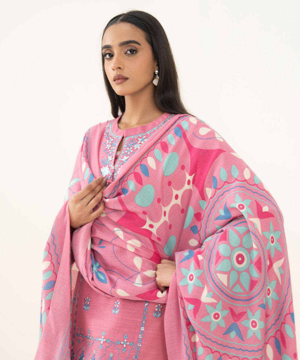 Women's Unstitched Embroidered Zari Khaddar Pink 3 Piece Suit