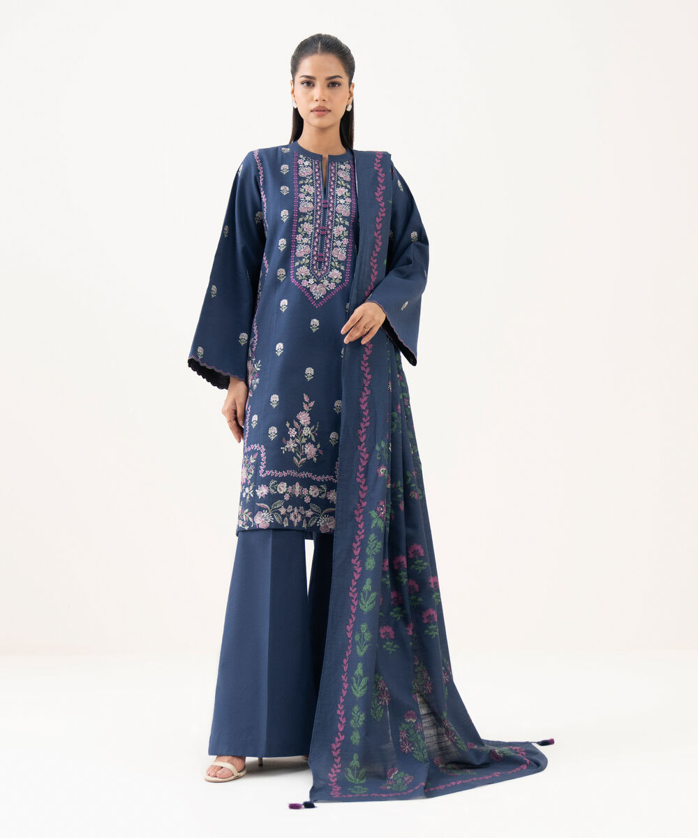 Women's Unstitched Light Khaddar Embroidered Blue 3 Piece Suit