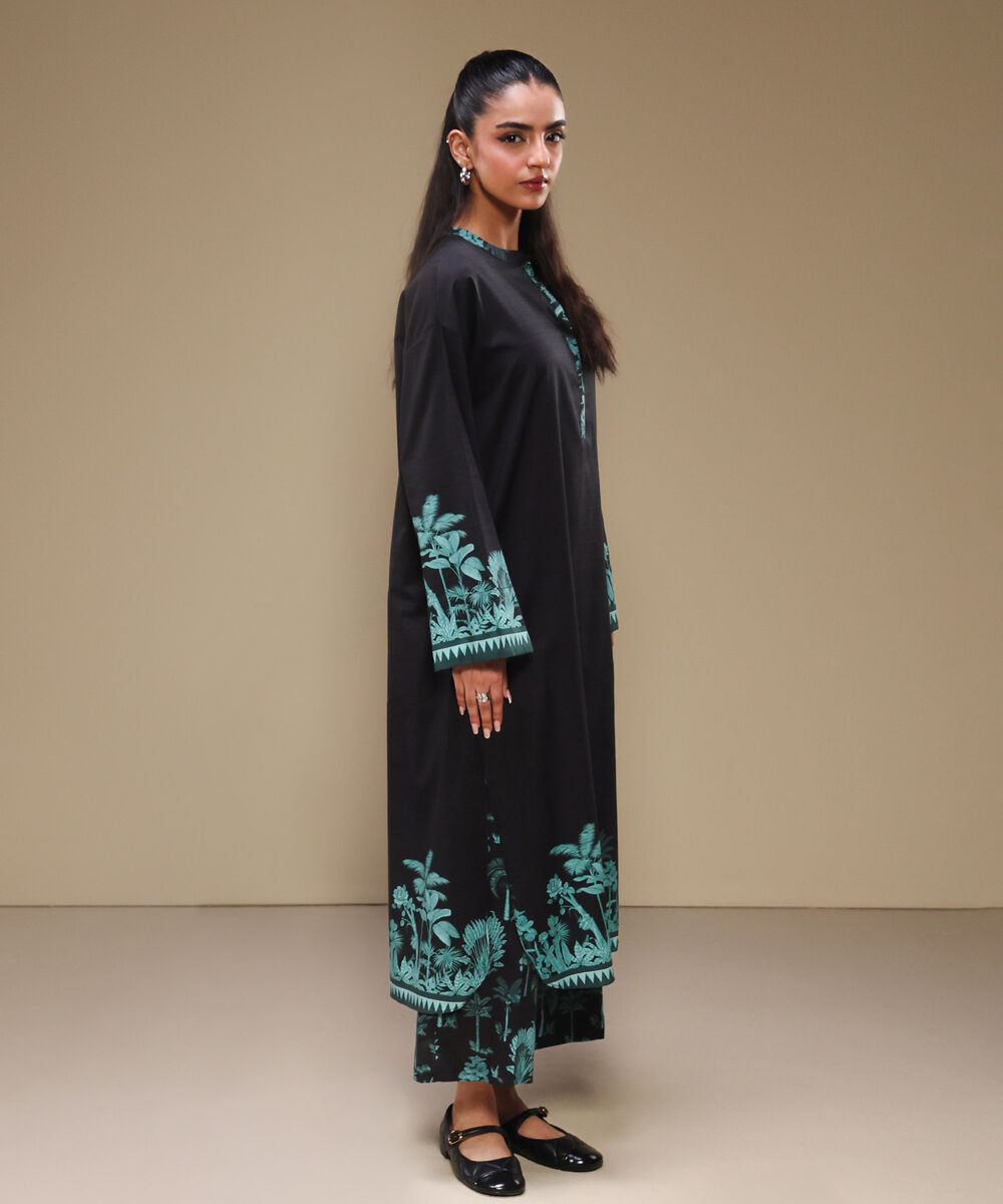 Women's RTW Lawn Printed Black Drop Shoulder Shirt