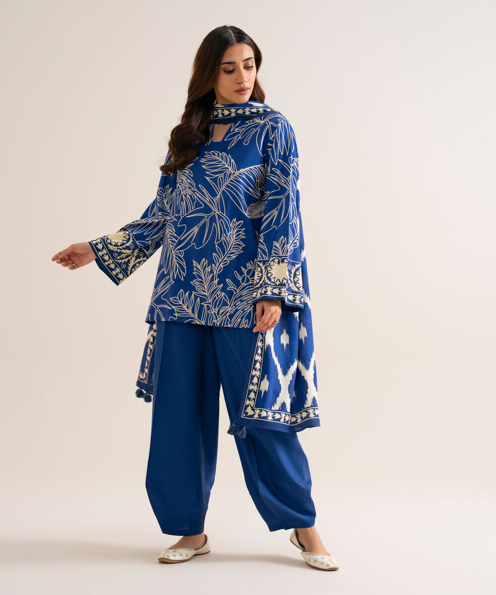 Women's Unstitched Viscose Linen Printed Blue 3 Piece Suit