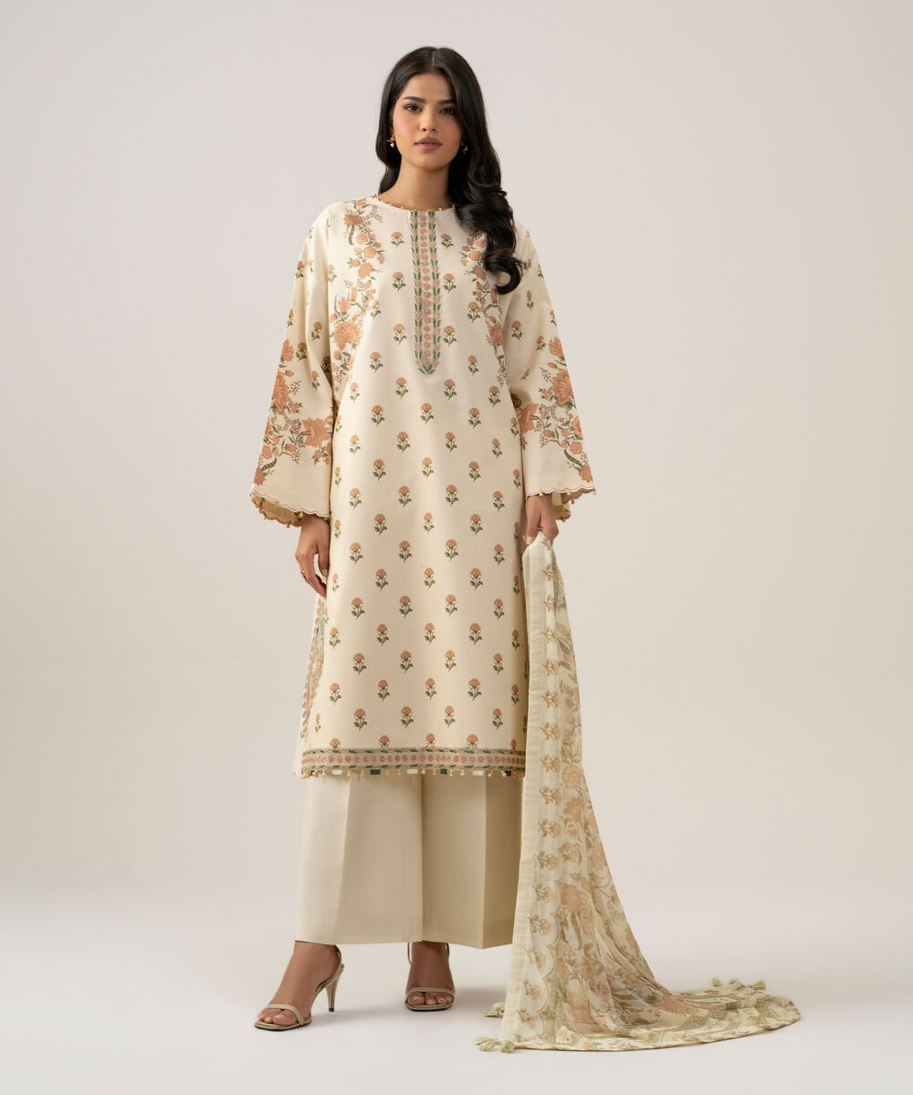 Women's Unstitched Bemberg Tissue Printed Off White 3 Piece Suit