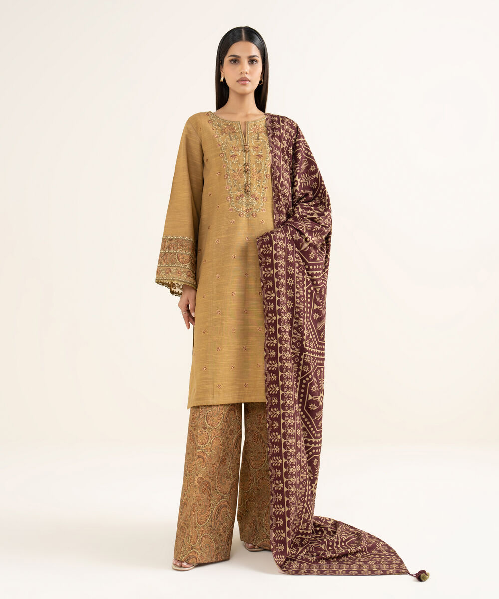 Women's Unstitched Khaddar Embroidered Brown 3 Piece Suit