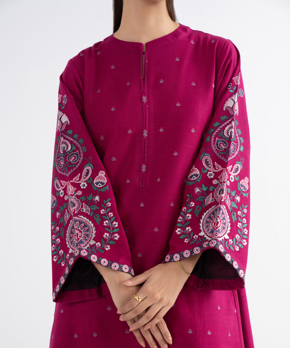 Women's Unstitched Khaddar Embroidered Pink 3 Piece Suit