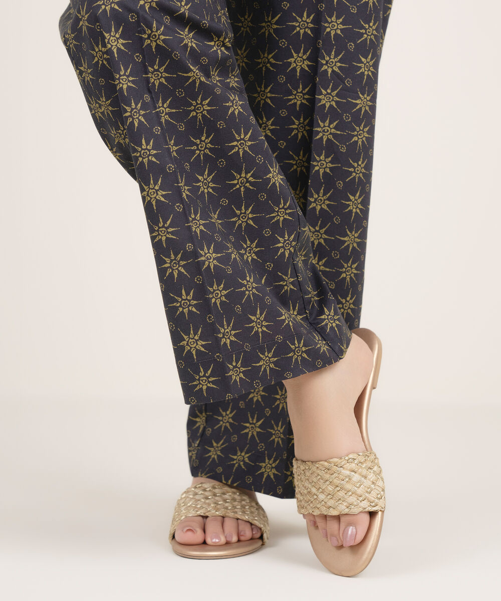 Women's RTW Cambric Printed Black Straight Pants