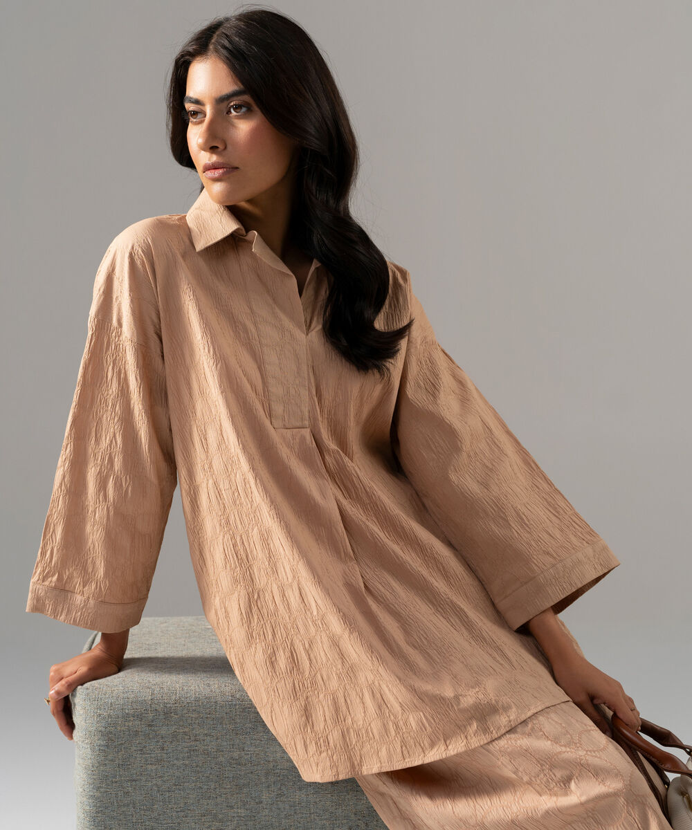 Women's RTW Textured Cotton Solid Beige 2 Piece Suit