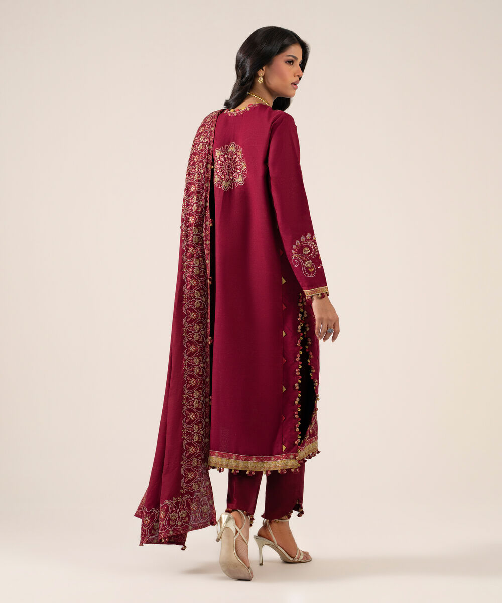 Women's Unstitched Basic Khaddar Embroidered Maroon 3 Piece Suit