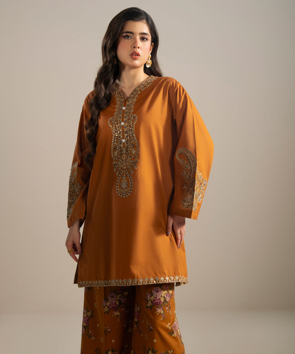 Women's RTW Slub Lawn Embroidered Brown Straight Shirt