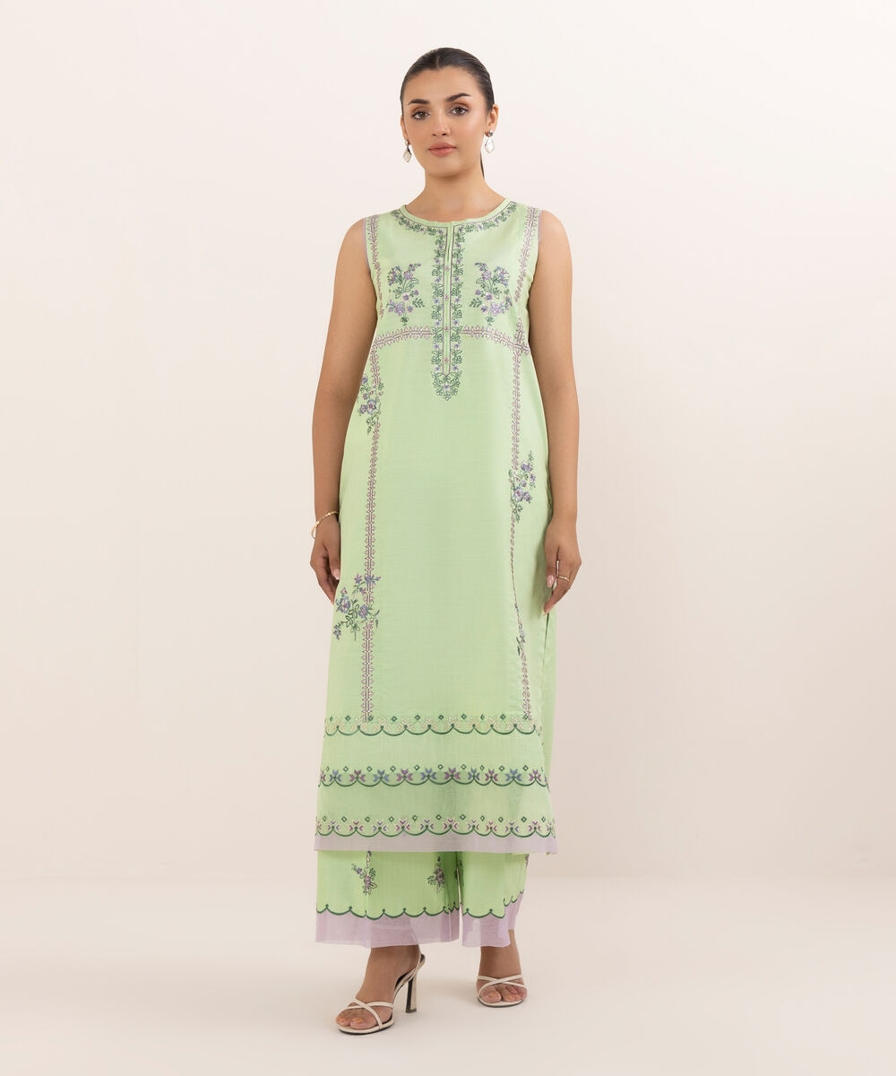 Women's Unstitched Cotton Embroidered Green Two Piece Suit