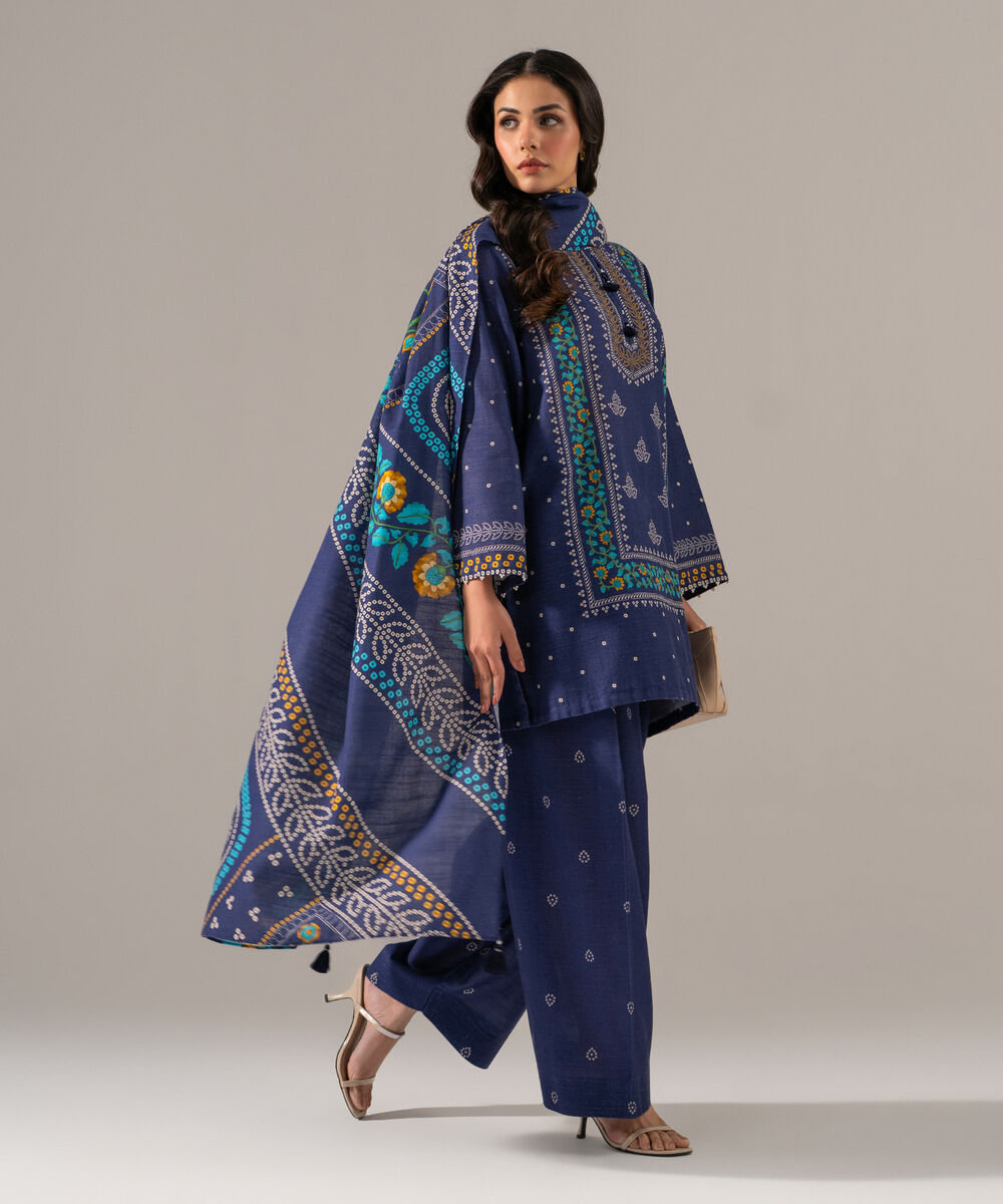 Women's RTW Khaddar Printed Blue 3 Piece Suit