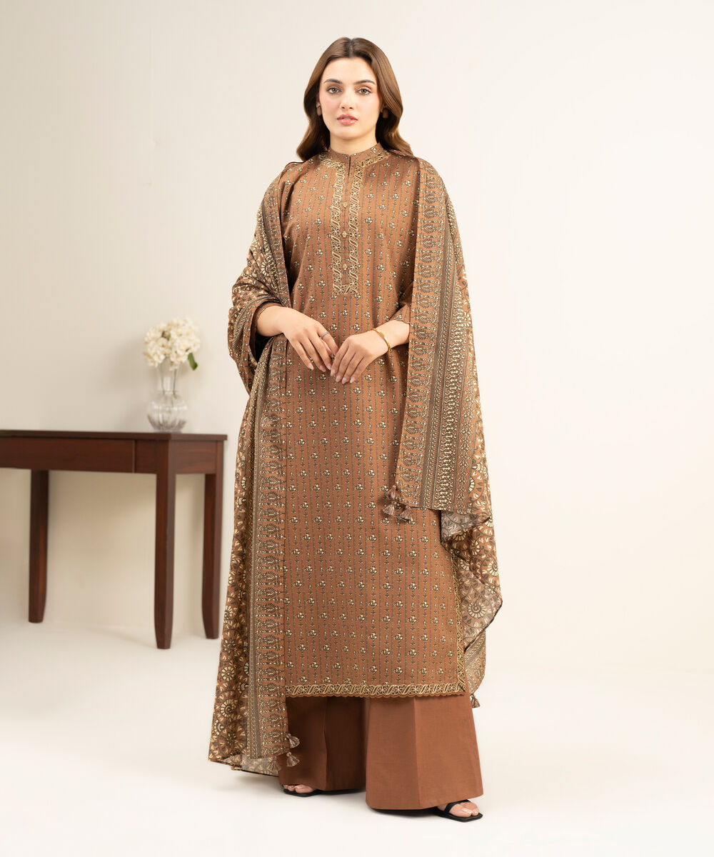 Women's Unstitched Lawn Embroidered Brown 3 Piece Suit