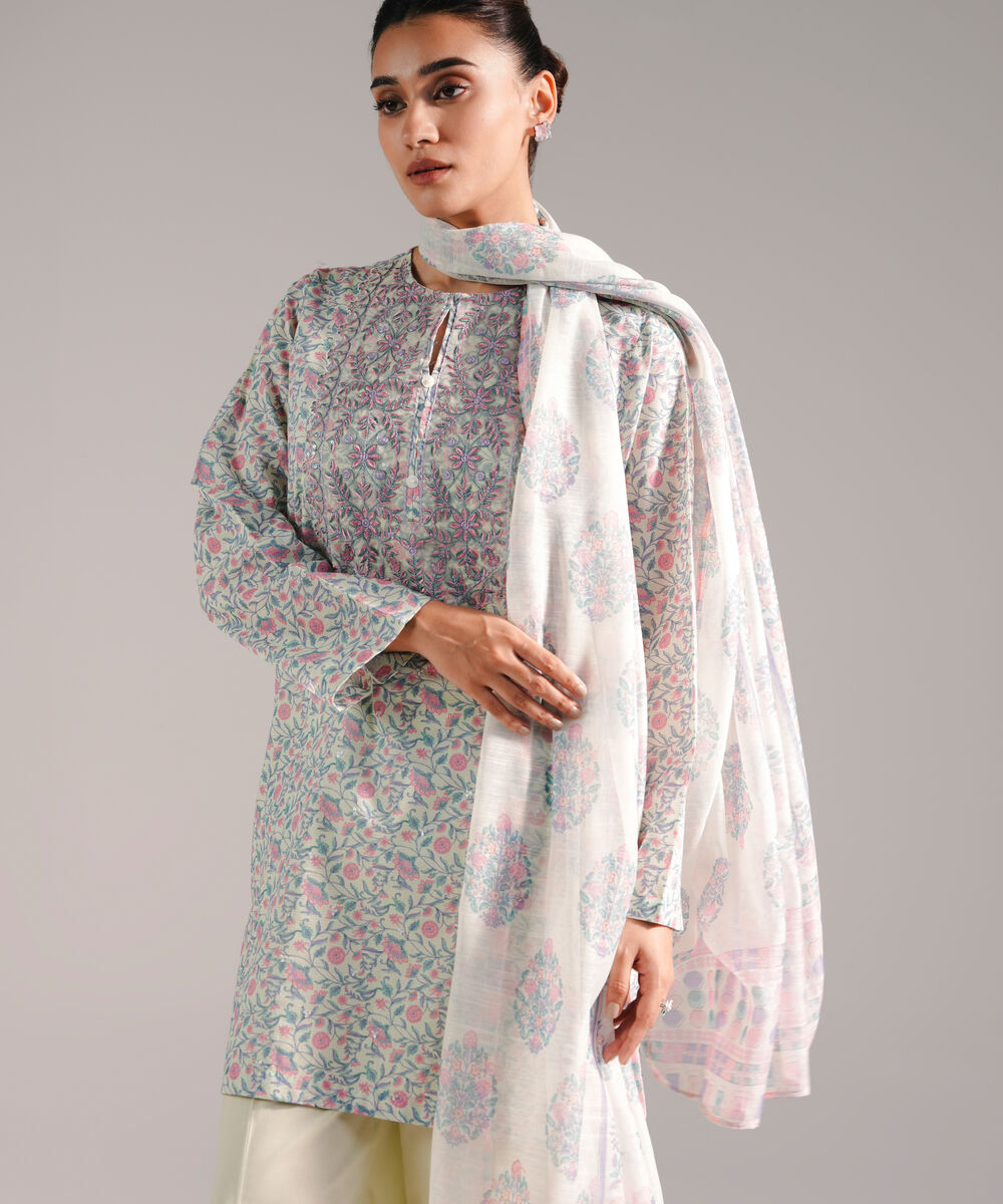 Women's RTW Zari Lawn Embroidered Mint Green 3 Piece Suit