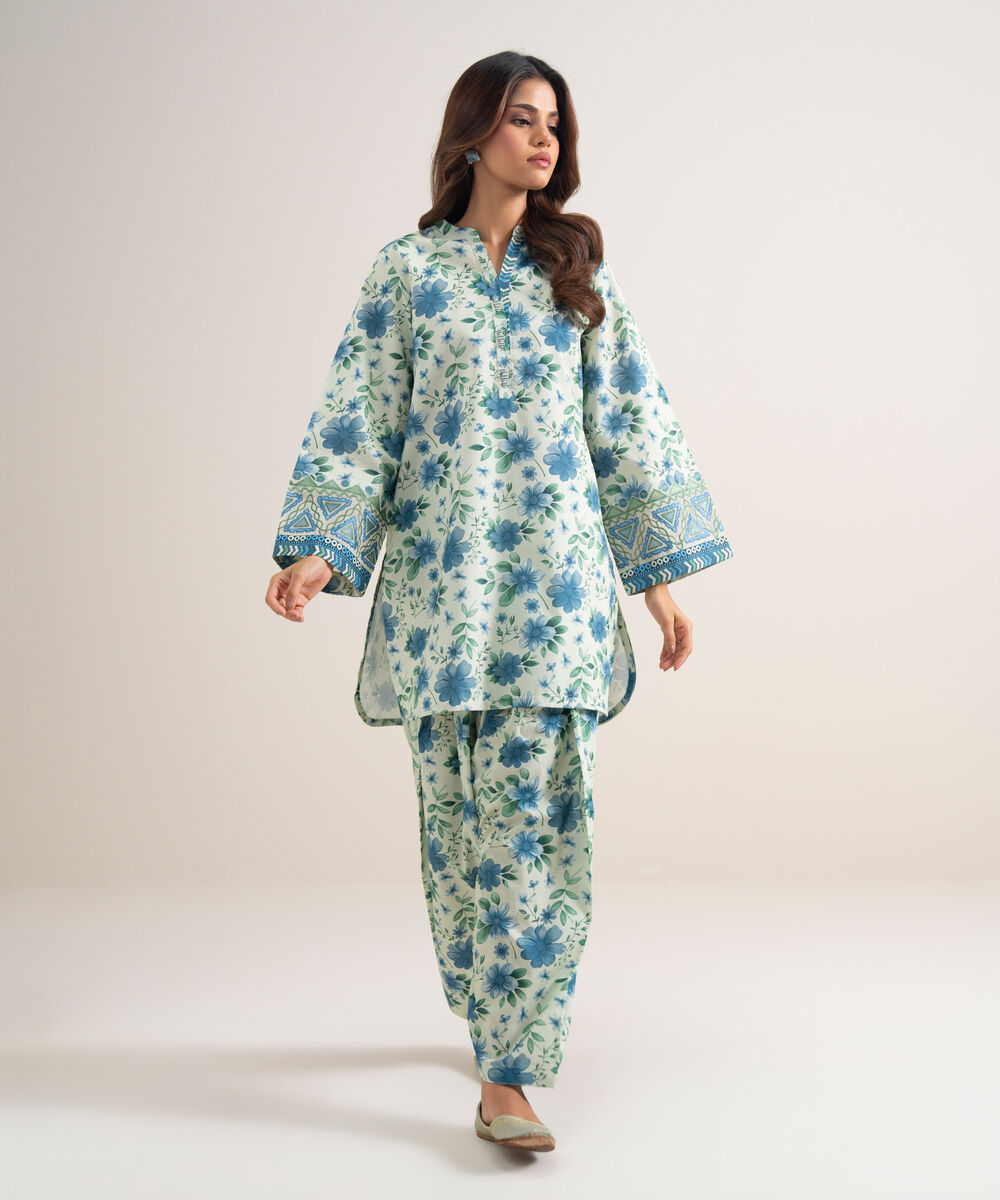 Women's Unstitched Lawn Embroidered Blue 2 Piece Suit