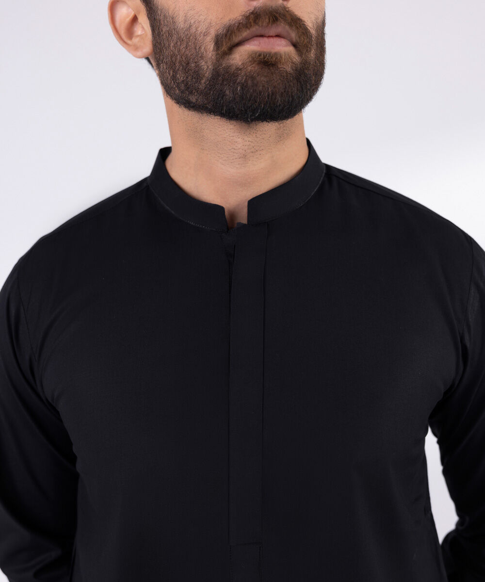 Men's 100% Cotton Stitched Plain Black Stitched Suit