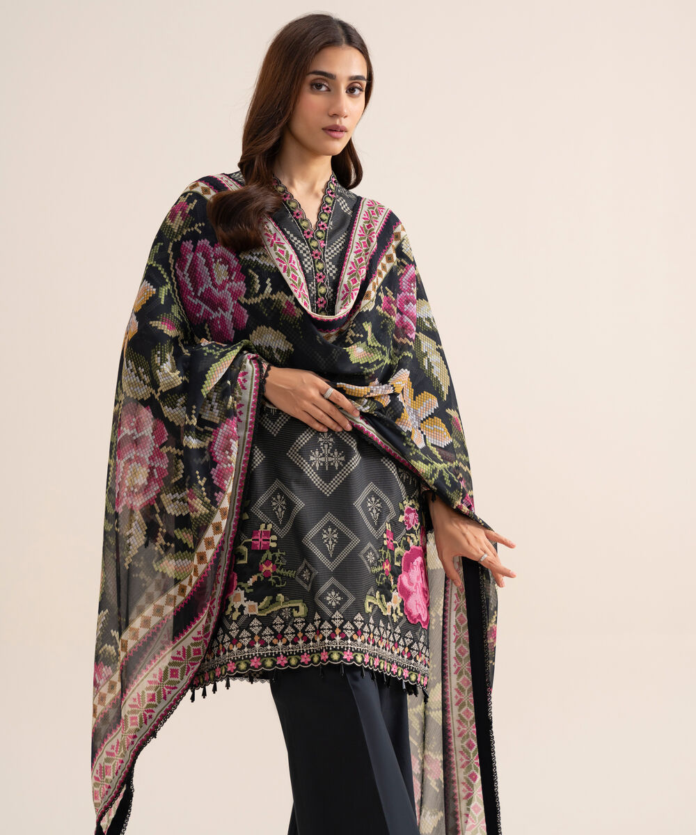 Women's Unstitched Zari Cotton Embroidered Black 3 Piece Suit
