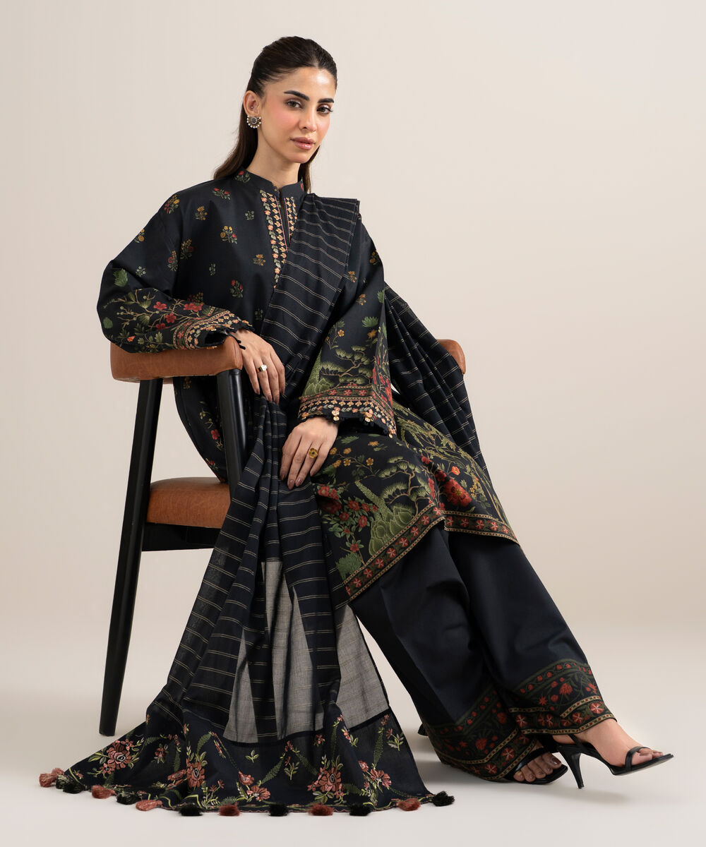 Women's Unstitched Lawn Embroidered Black 3 Piece Suit