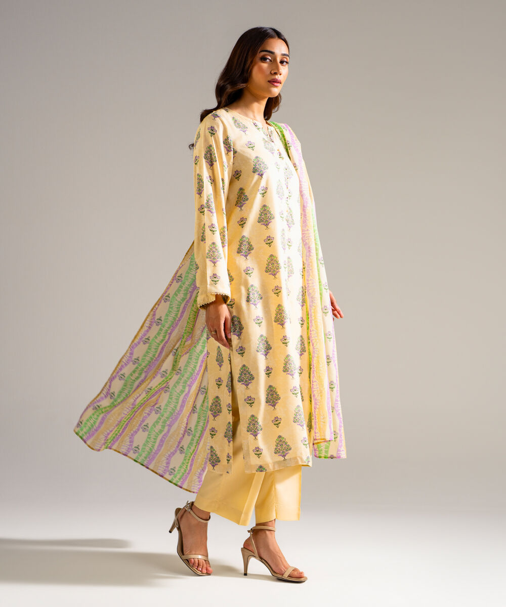 Women's RTW Arabic Lawn Printed Beige 3 Piece Suit