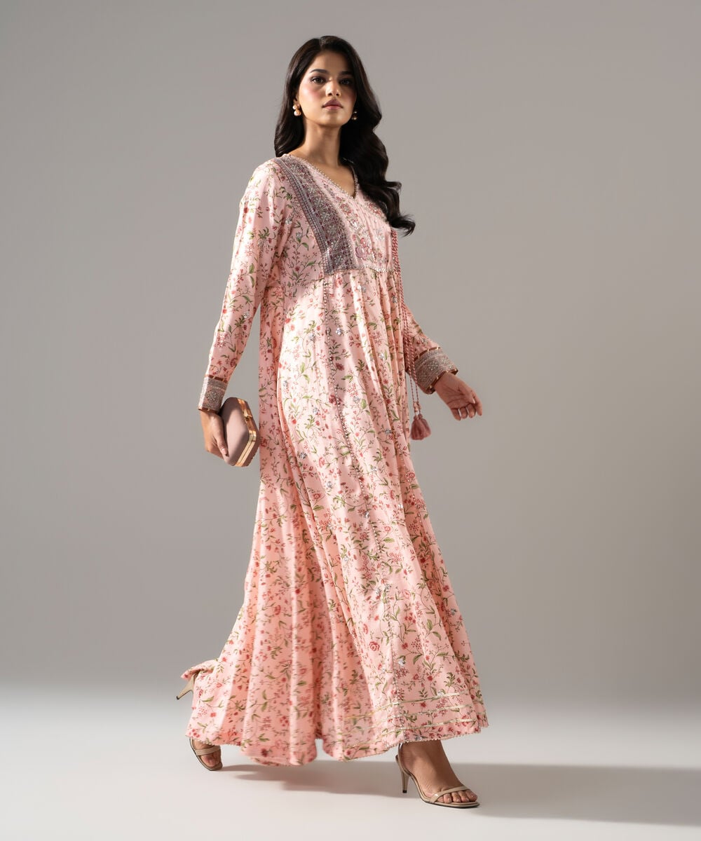 Women's RTW Bright Raw Silk Printed Pink Dress