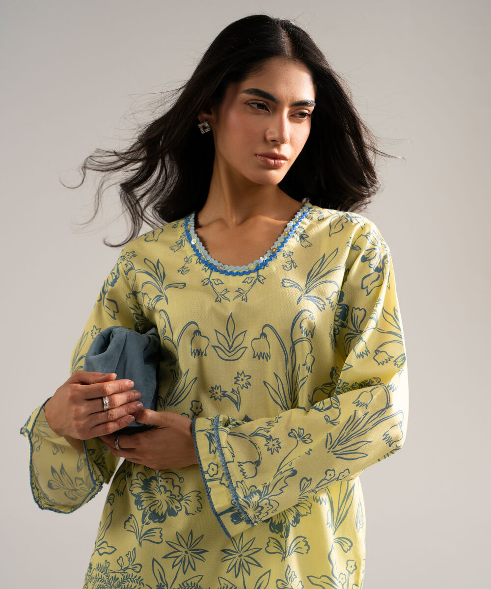 Women's RTW Dobby Printed Yellow Straight Shirt