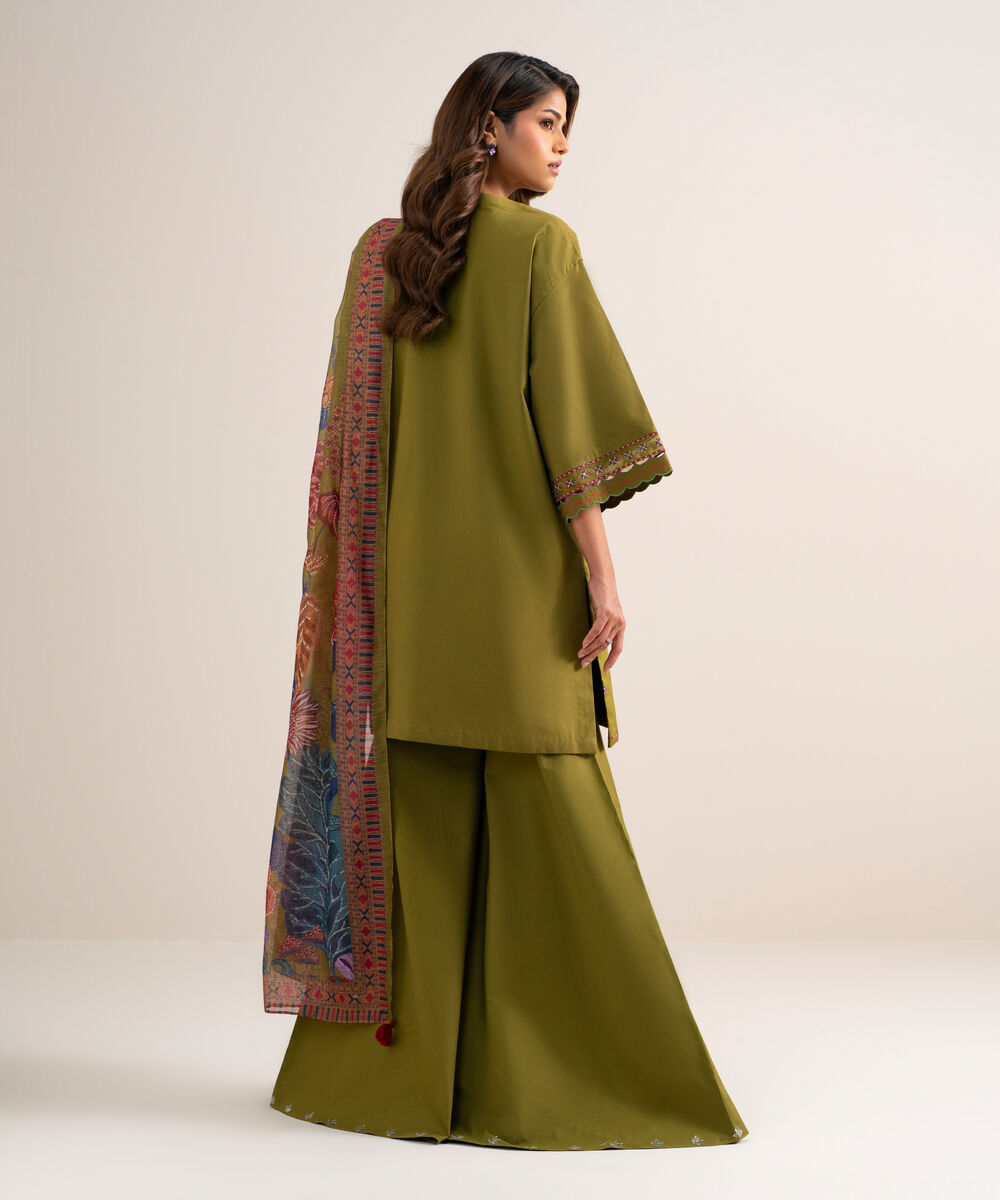 Women's Unstitched Fine Cotton Satin Embroidered Green