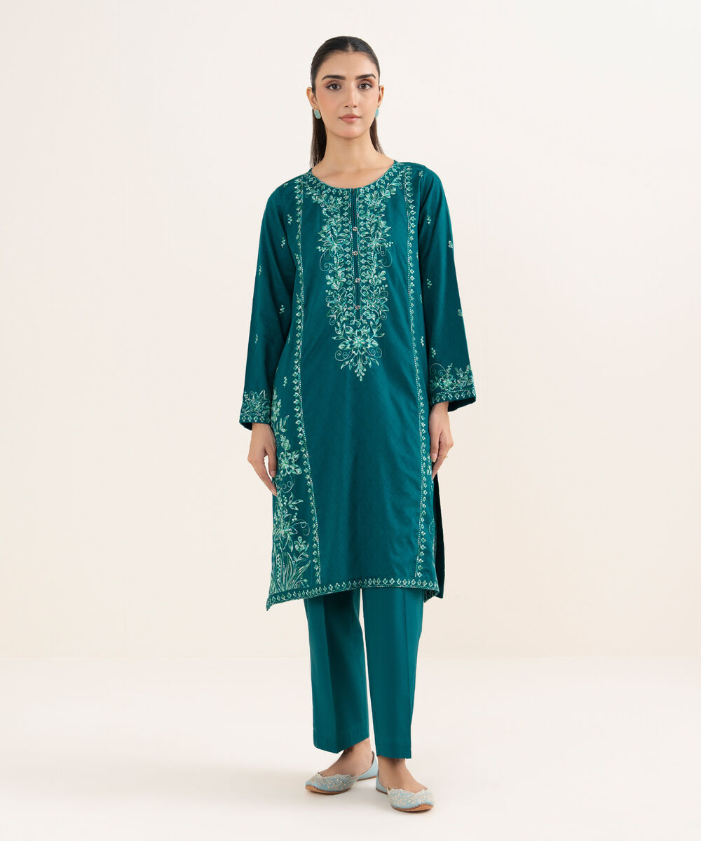 Women's RTW Cotton Embroidered Teal Straight Shirt