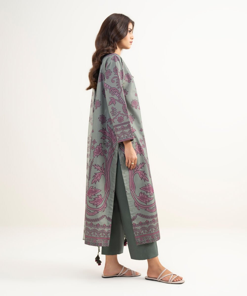Women's Unstitched Zari Lawn Printed Grey 3 Piece Suit