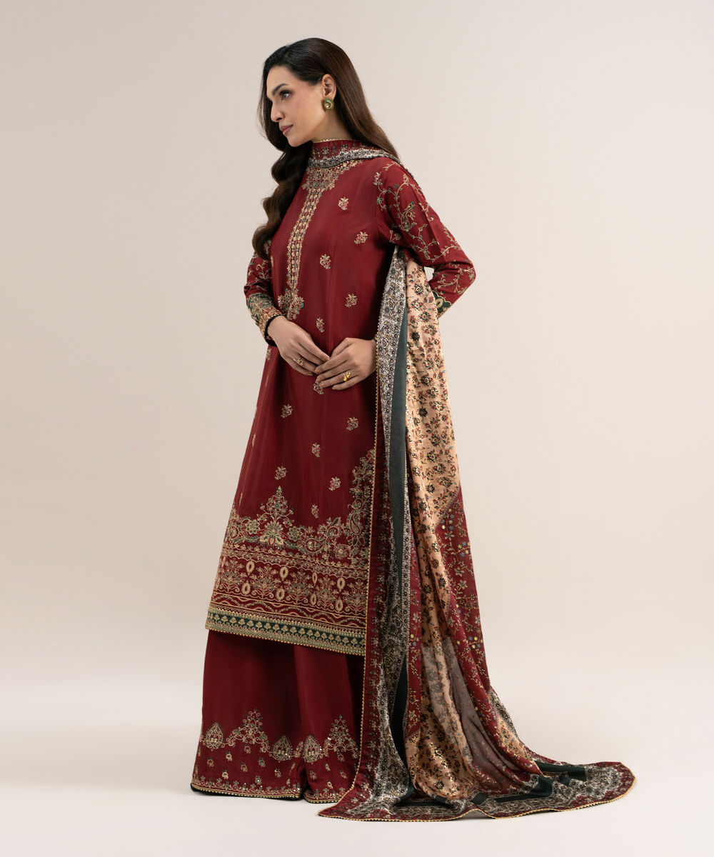Women's Unstitched Embroidered Blended Raw Silk Red 3 Piece Suit