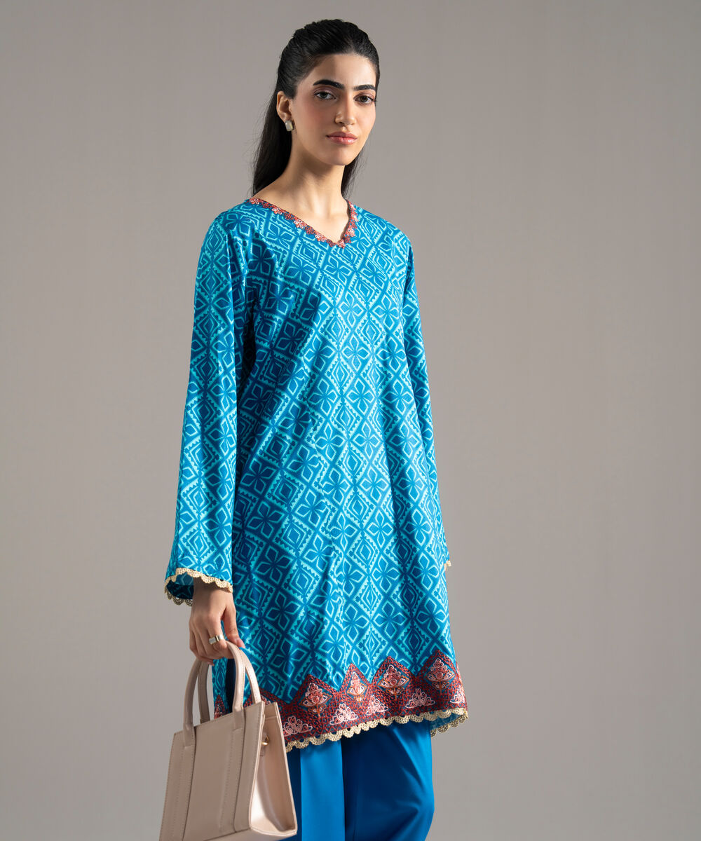 Women's RTW Cotton Viscose Printed Embroidered Blue 2 Piece Suit