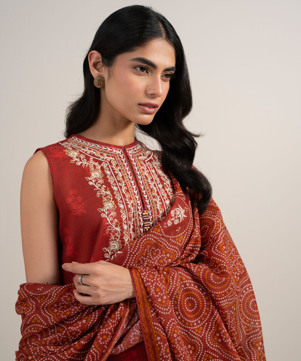 Women's Unstitched Lawn Embroidered Orange 3 Piece Suit