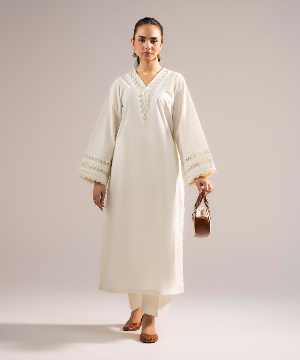 Women's RTW Poplin Solid Off White Straight Shirt