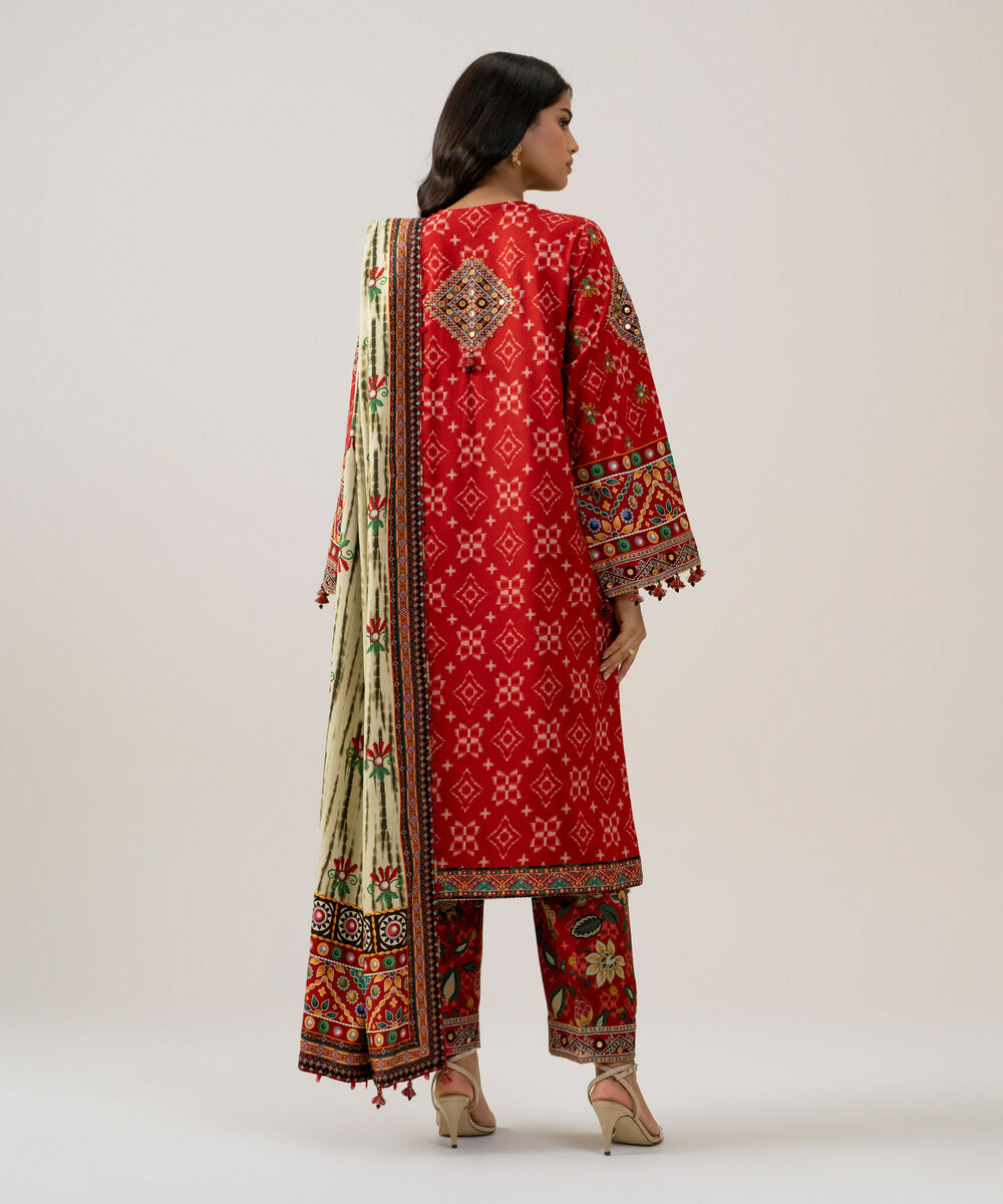 Women's Unstitched Linen Printed Red 3 Piece Suit