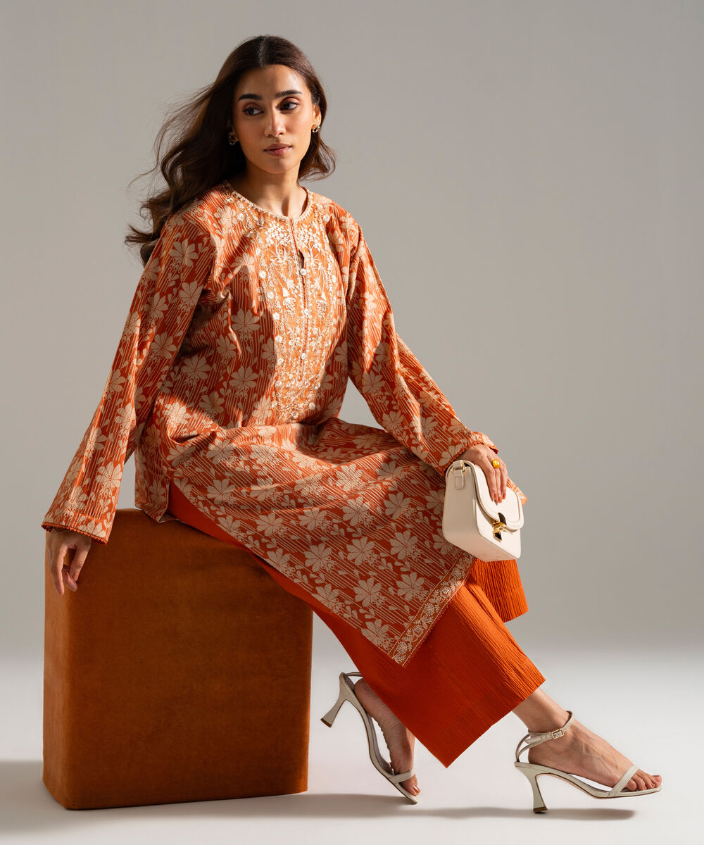Women's RTW Seersucker Embroidered Orange 2 Piece Suit