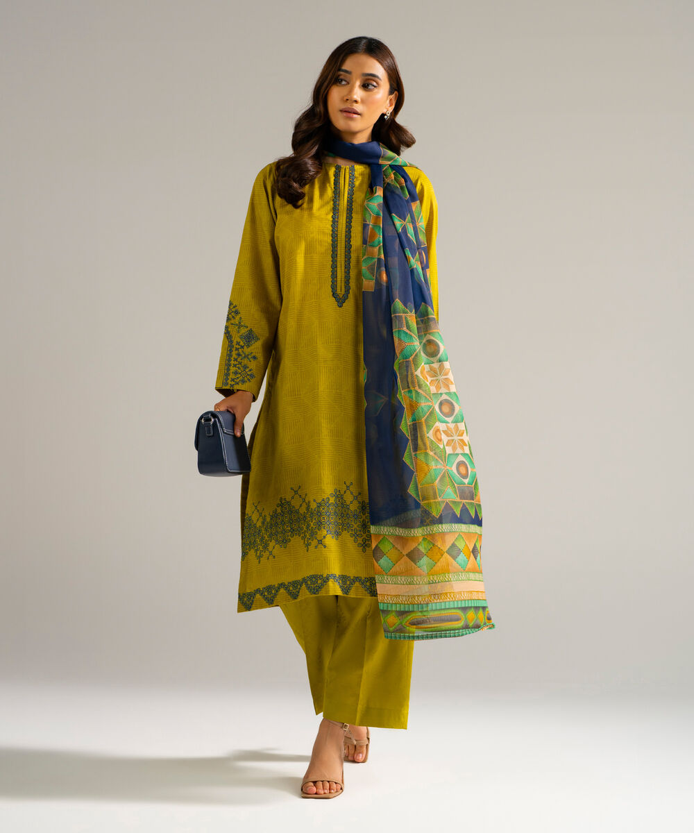 Women's RTW Self Jacquard Embroidered Green 3 Piece Suit