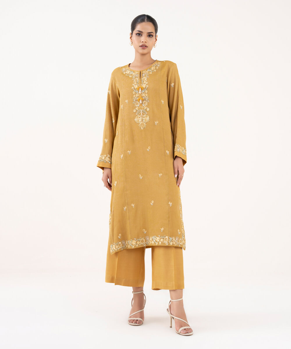 Women's RTW Khaddi Net Mustard Embroidered 2 Piece Suit