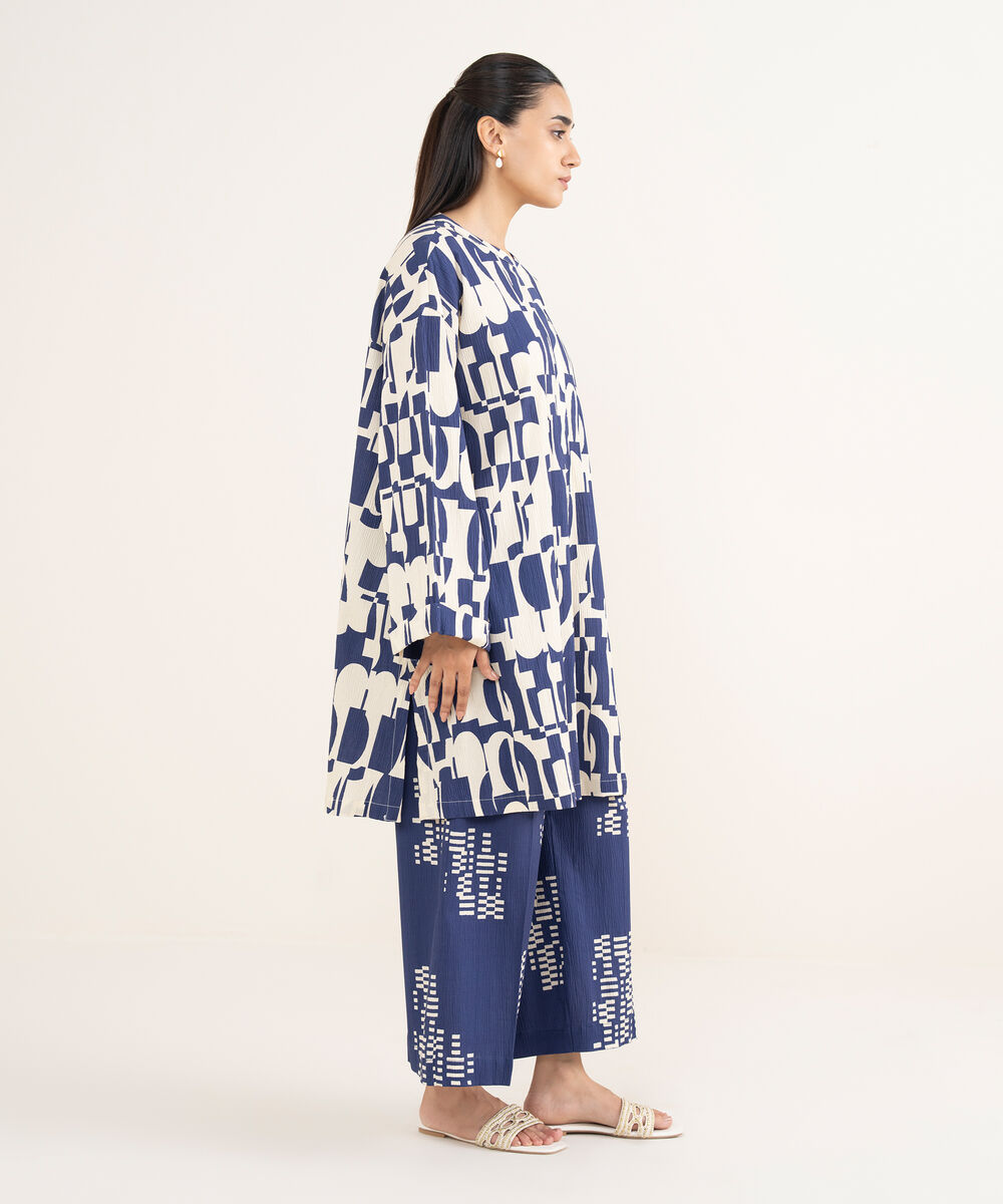 Women's RTW Seersucker Blue Printed Boxy Shirt
