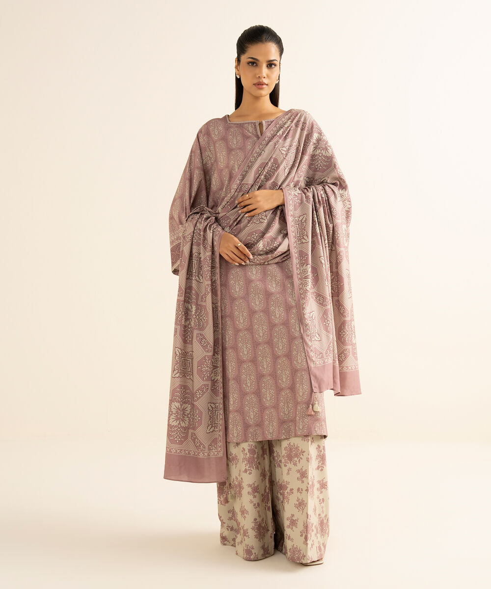 Women's Unstitched Linen Printed Pink 3 Piece Suit