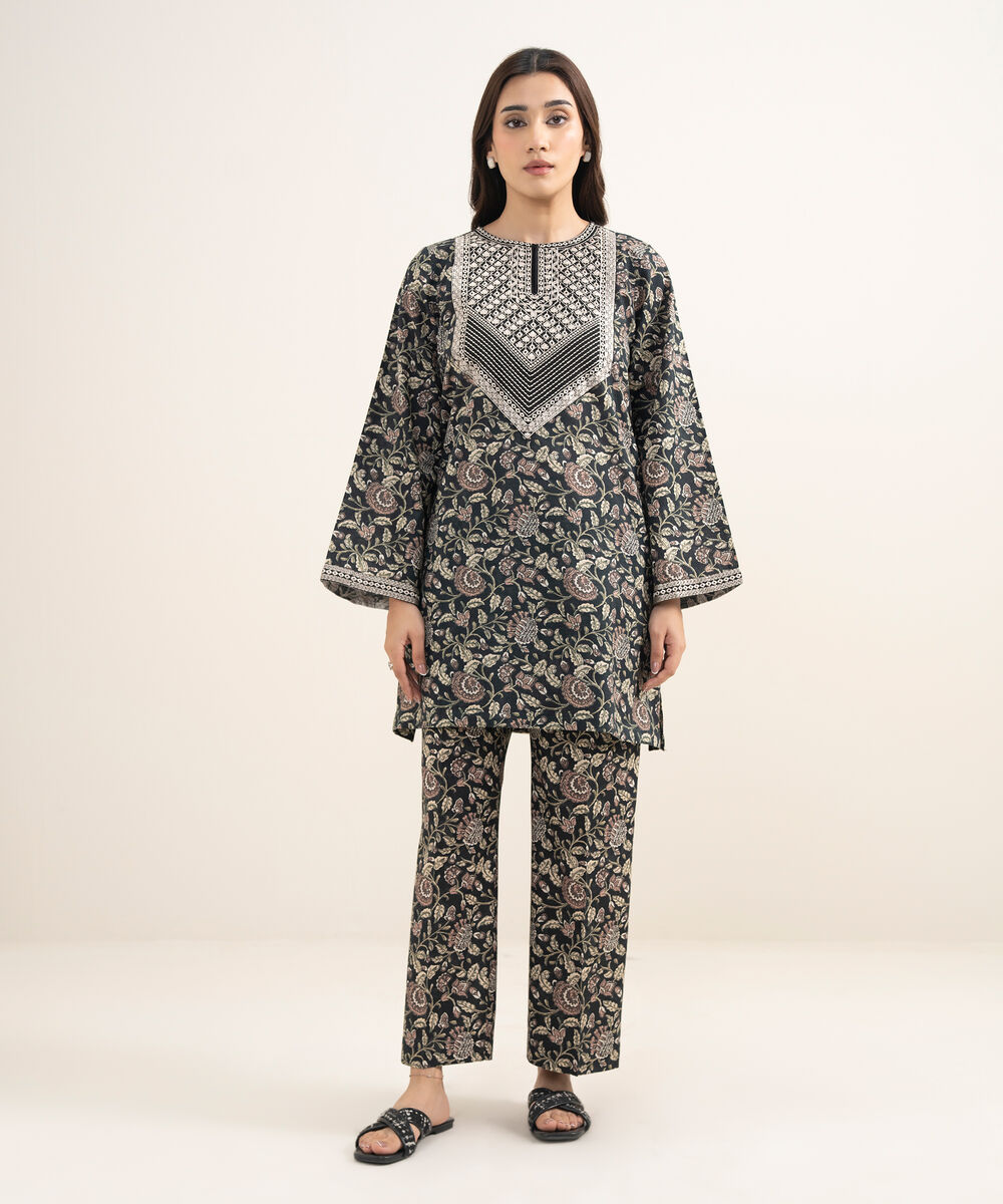 Women's RTW Dobby Embroidered Black 2 Piece Suit