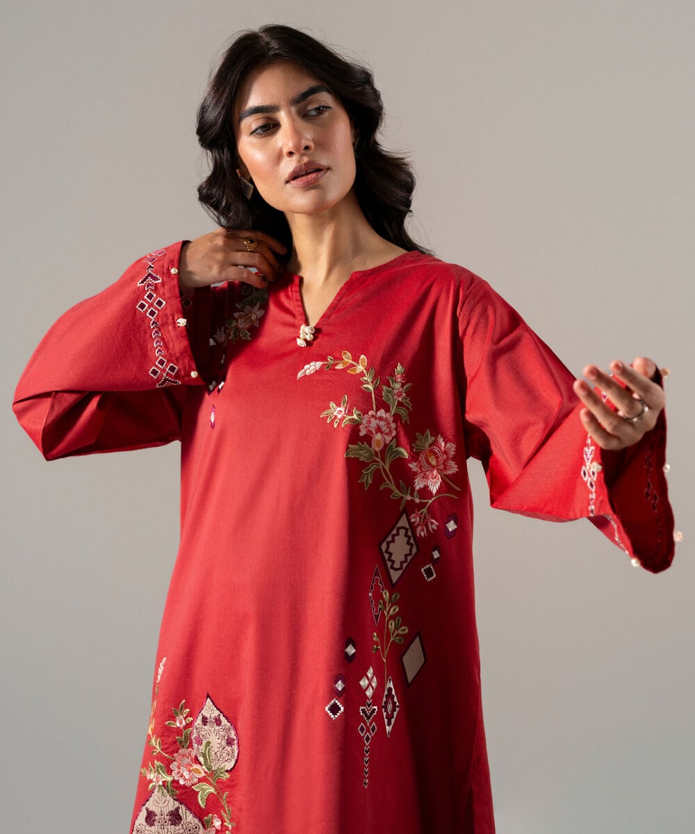 Women's RTW Solid Embroidered Rust Cotton Viscose Shirt