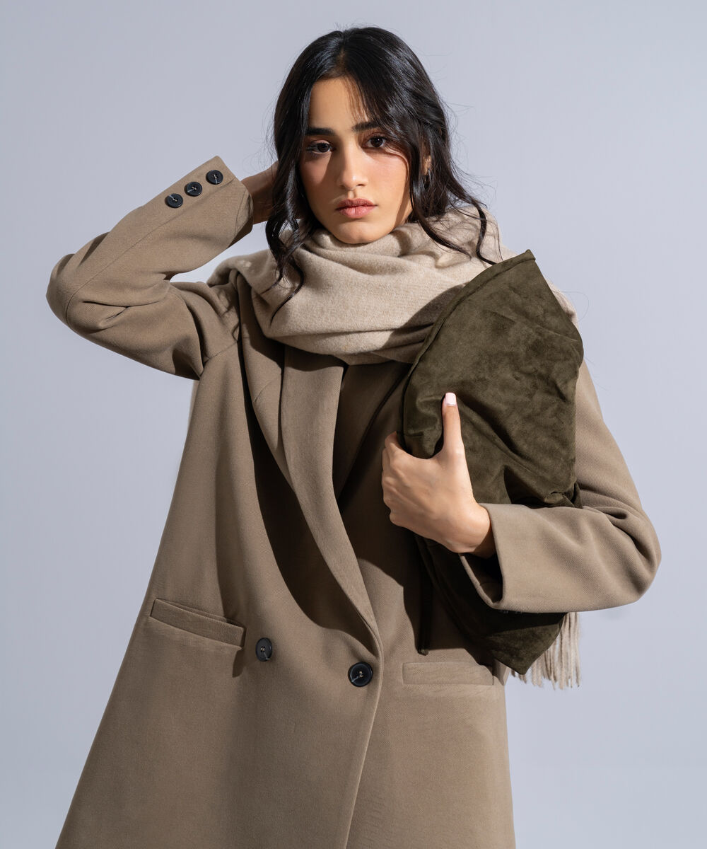 Women's Western Wear Beige Polyester Solid Woolen Scarf