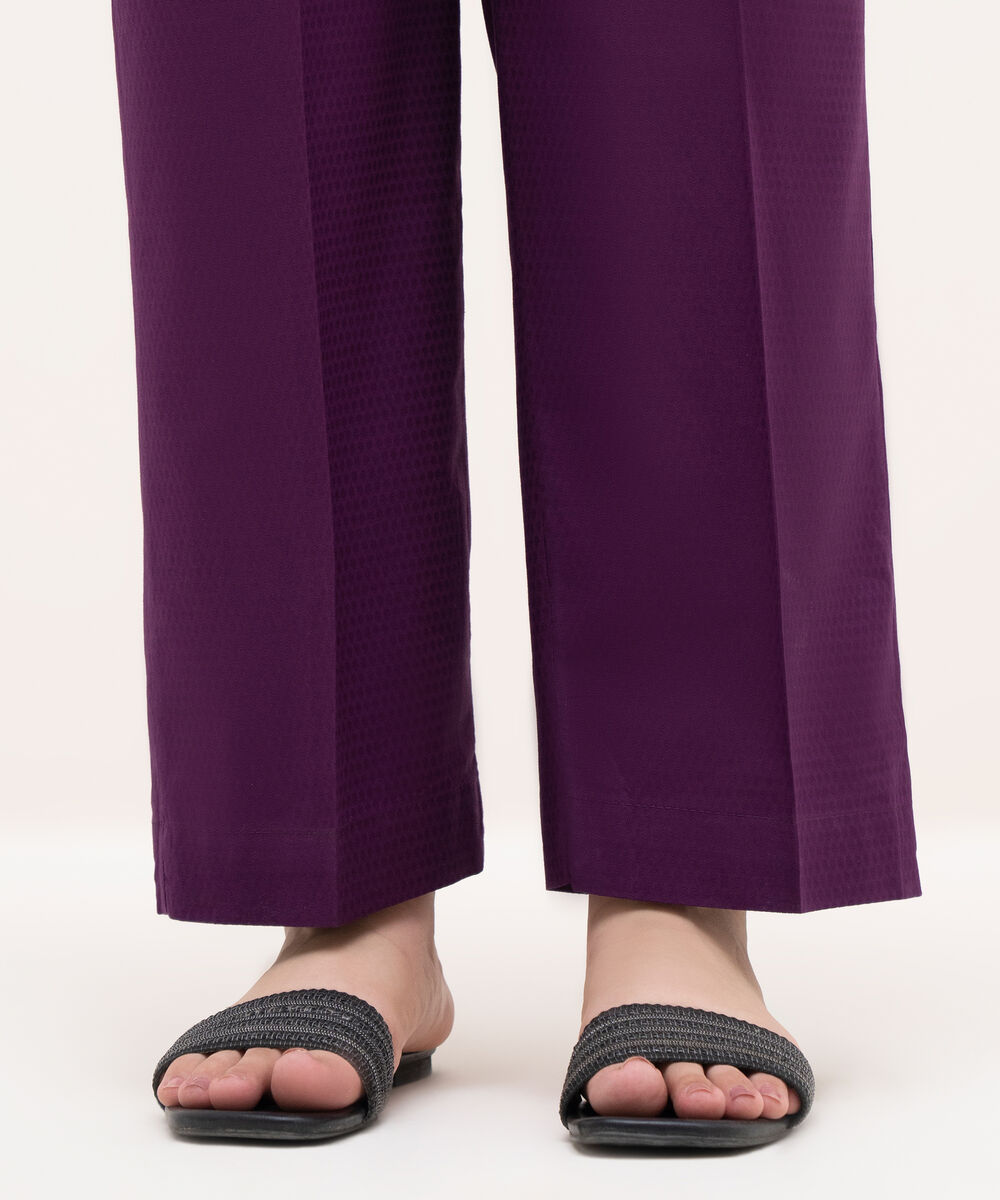 Women's RTW Textured Cotton Purple Solid Straight Pants