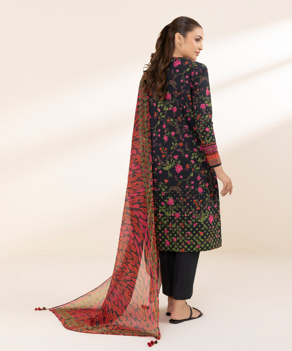 Unstitched Women's Printed Lawn Black Two Piece Suit