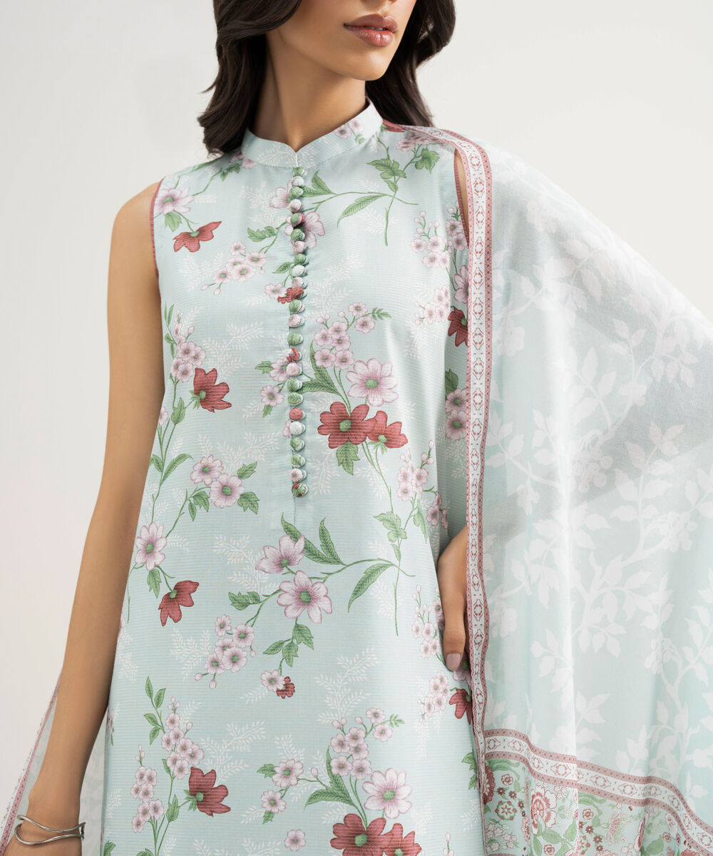 Women's Unstitched Zari Lawn Embroidered Blue 3 Piece Suit