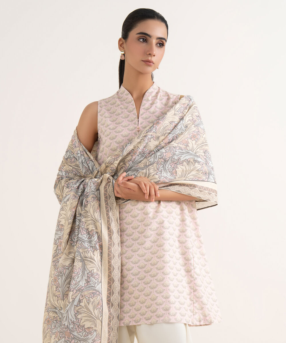 Women's Unstitched Cotton Printed Pink Two Piece Suit